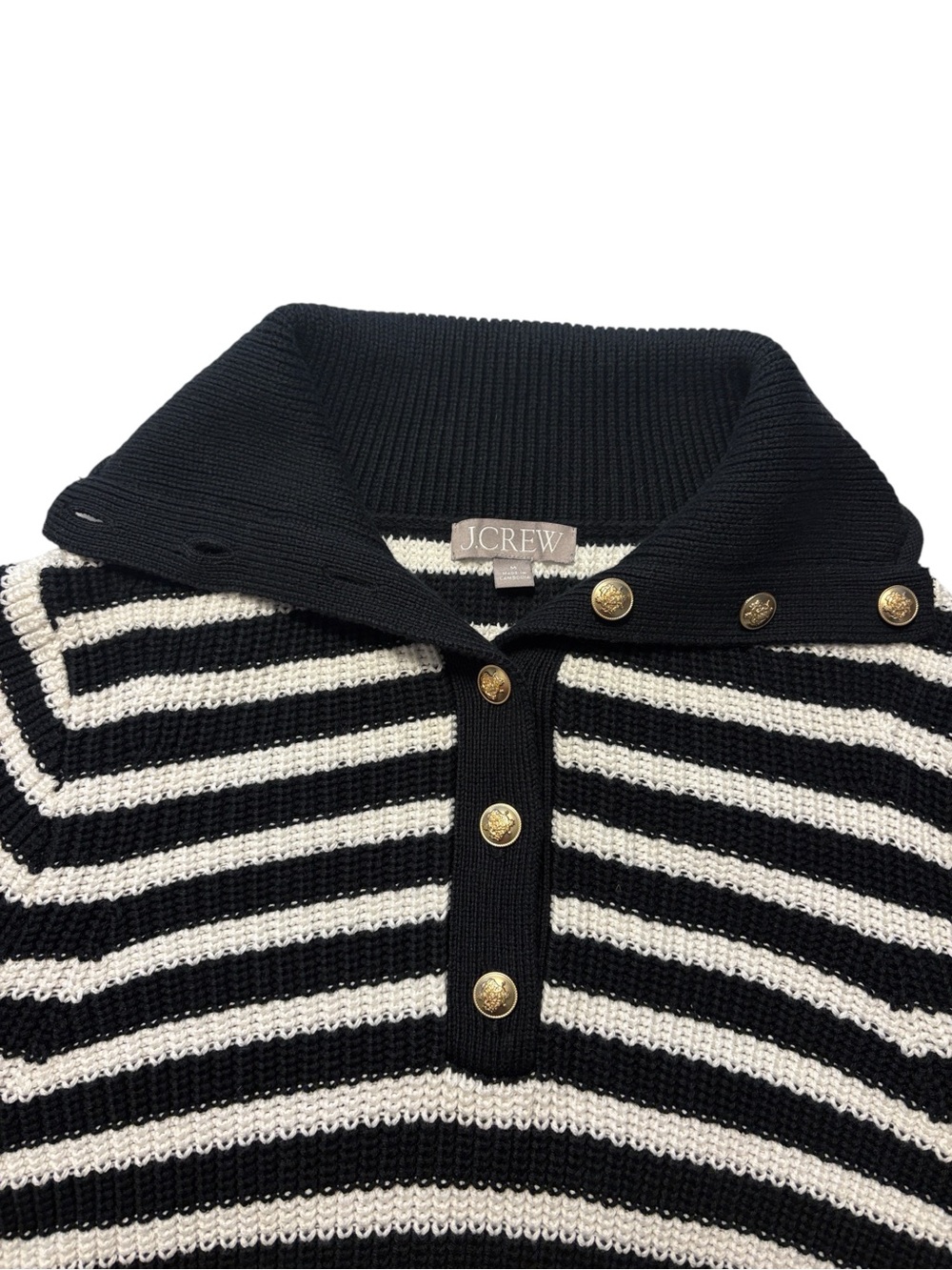 J. Crew Ribbed Cotton Button Collar Sweater Black White Stripe M Gold Buttons - Picture 4 of 8